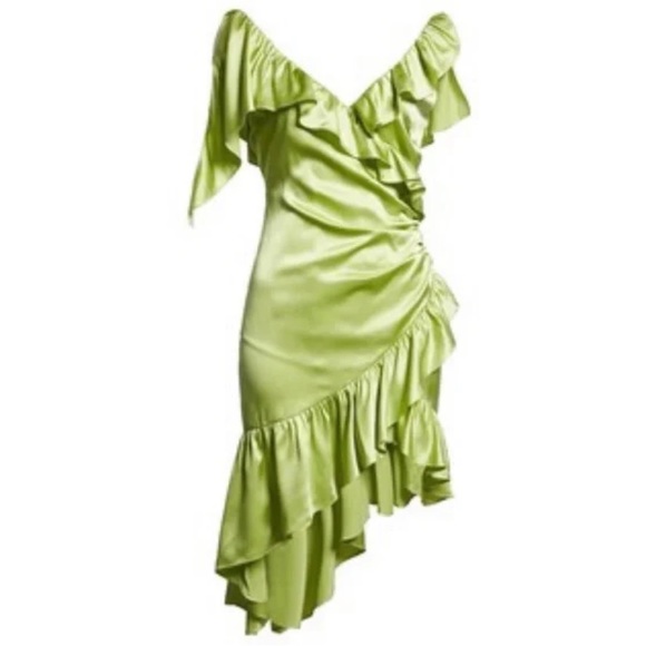 Cinq á Sept Silk Dress Green V-Neck Wrap Midi Asymmetrical Hem Size 8 NWT $545 - Picture 3 of 13